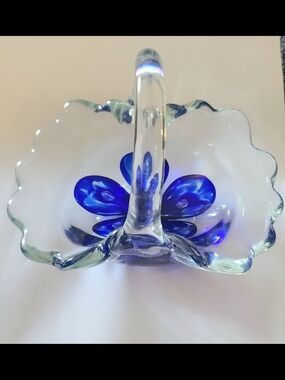 Zimmerman Clear Glass Basket with Blue Flower Design